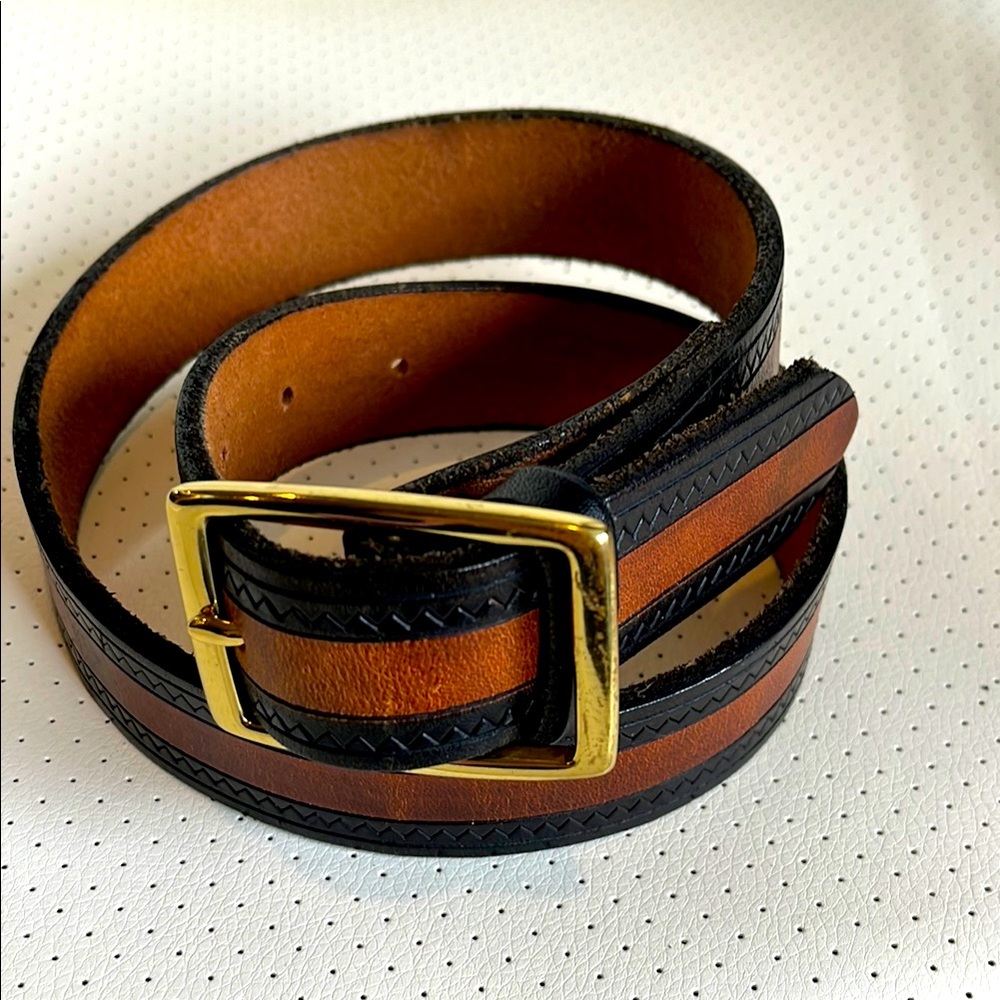 Boys Black and Brown Leather Belt with Solid Brass Buckle, size M.